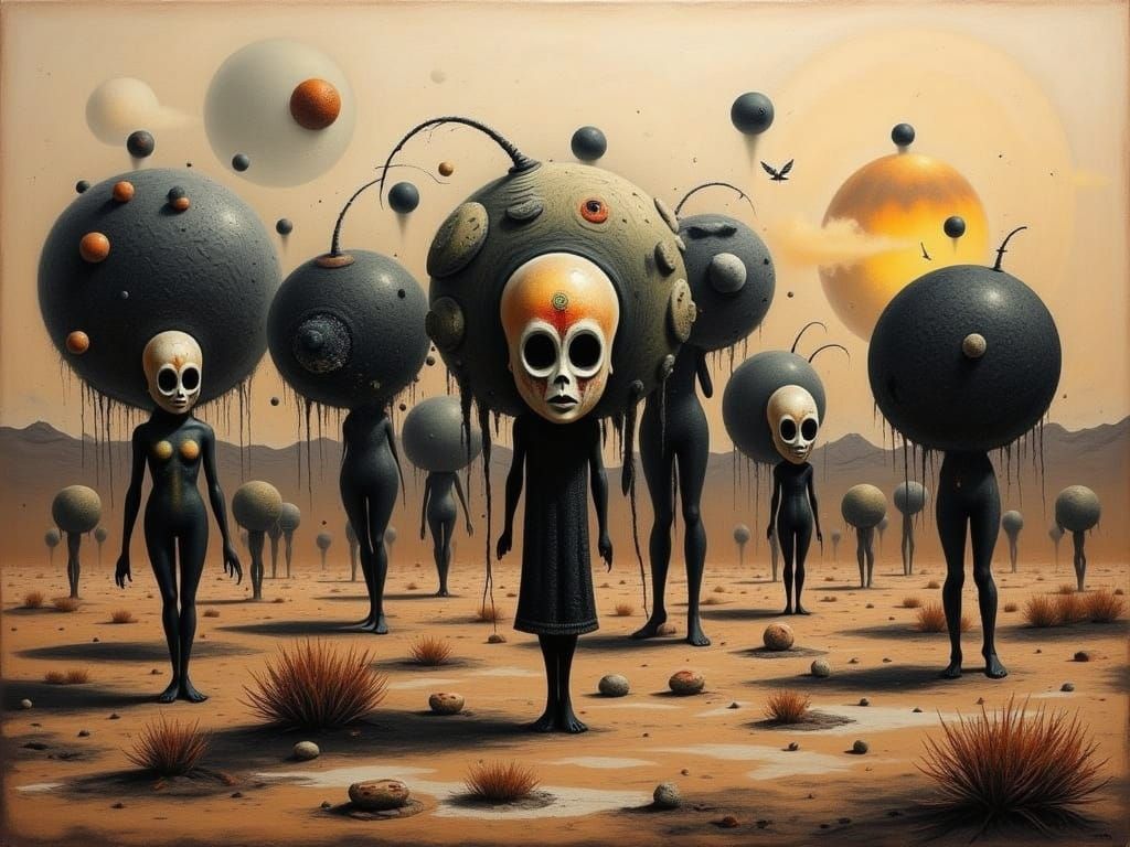 Alien Tribal Masks on Cracked Earth, Dali Style