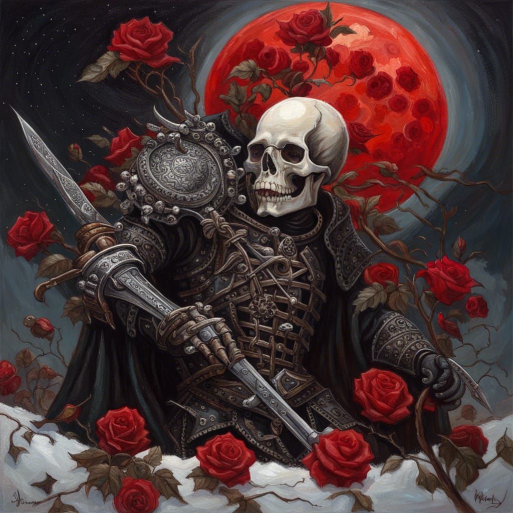 Gothic Knight Skull with Roses in Snow