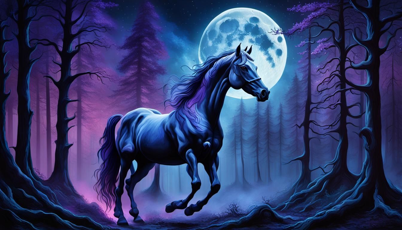 Surreal Fiery Horse Illuminates Gloomy Forest