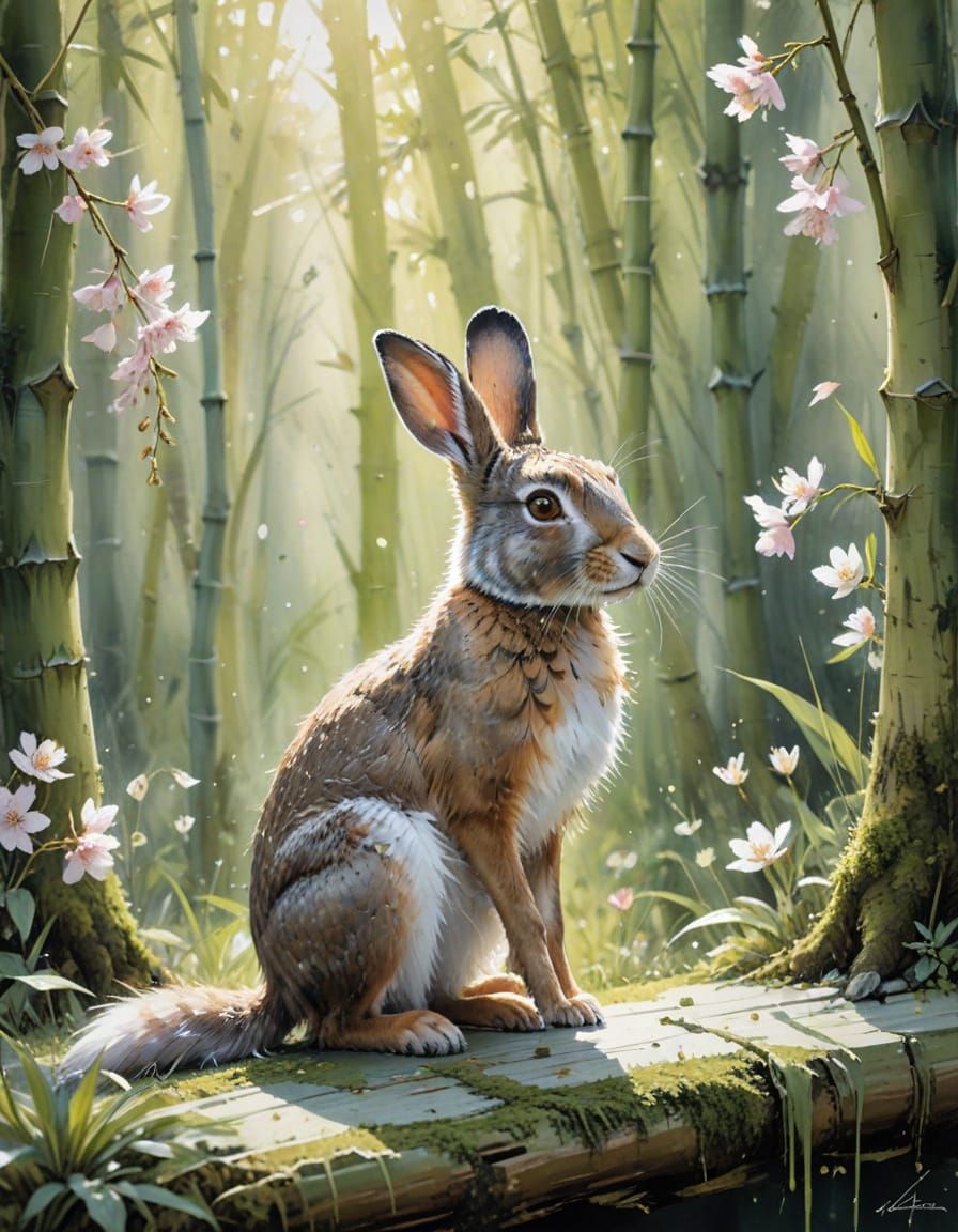 Hare Nibbling Shoots in Cherry Garden Watercolor