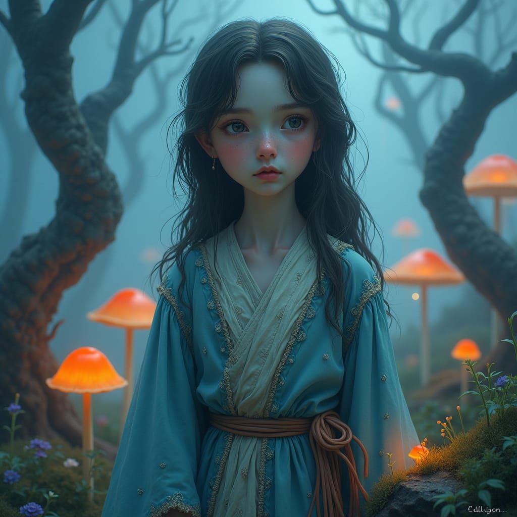 Melancholic Girl in Dreamlike Landscape