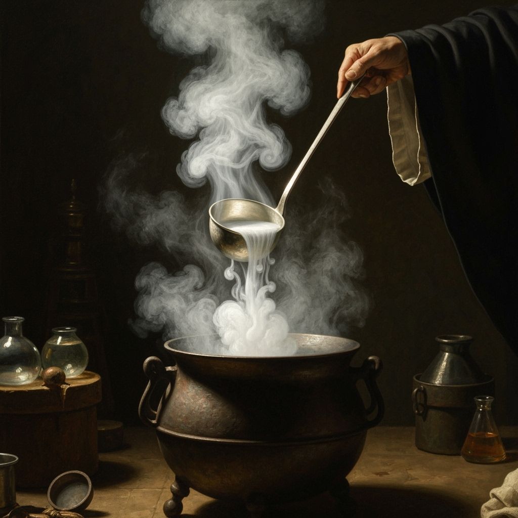 Intense Oil Painting of Magic Steam Poured into Cauldron