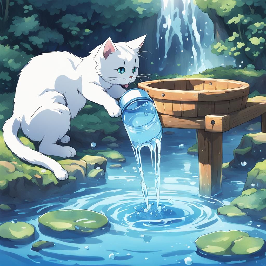 Anime Cat Greedily Drinking Water