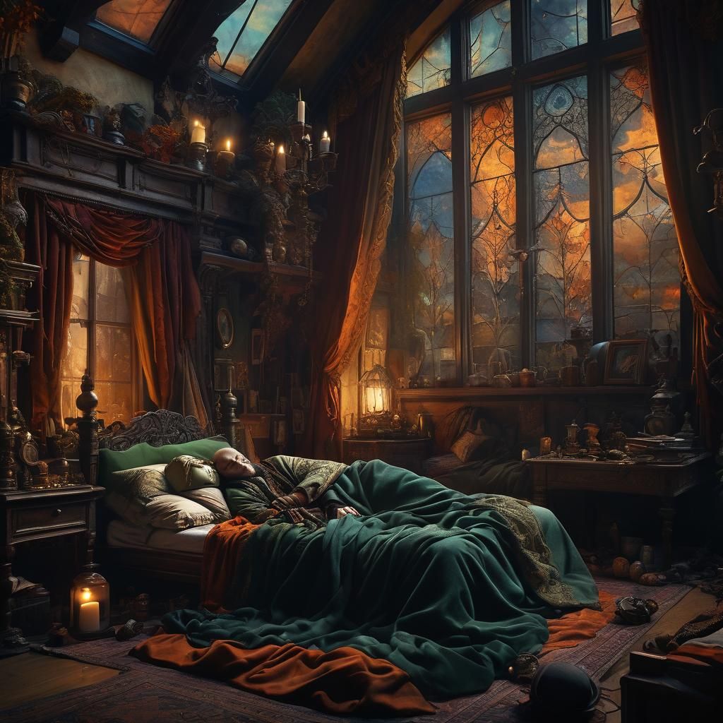 Dark Fantasy Man in Velvet Bed at Night