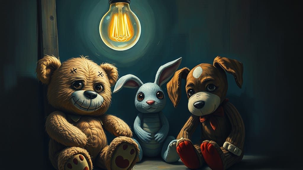 Mismatched Stuffed Animals Plotting in Dim Light