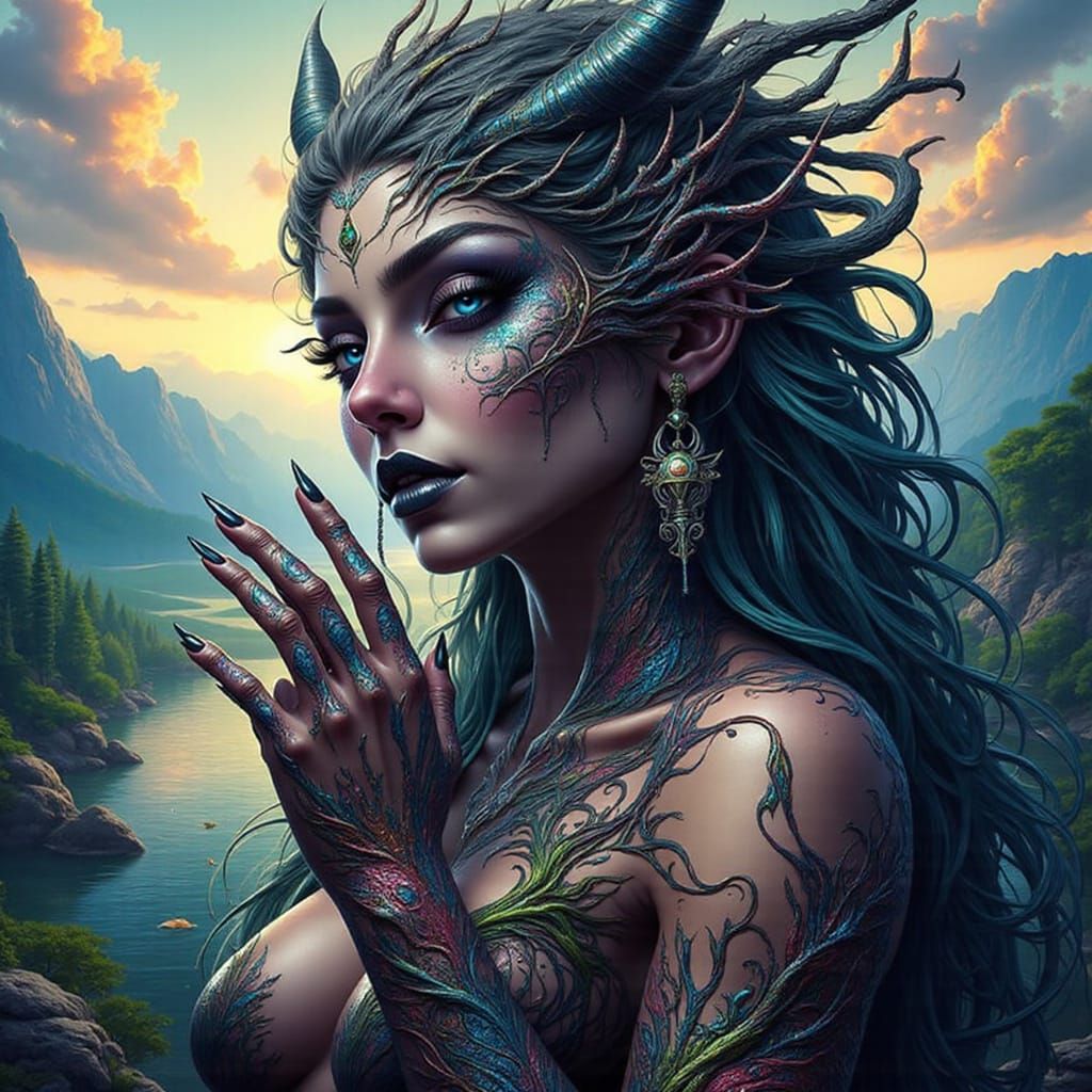 Dominant Female Dragon with Tribal Tattoos in Hyperrealistic...