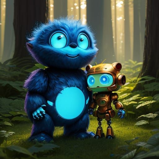 Pixar-Style Robot and Creature in Forest