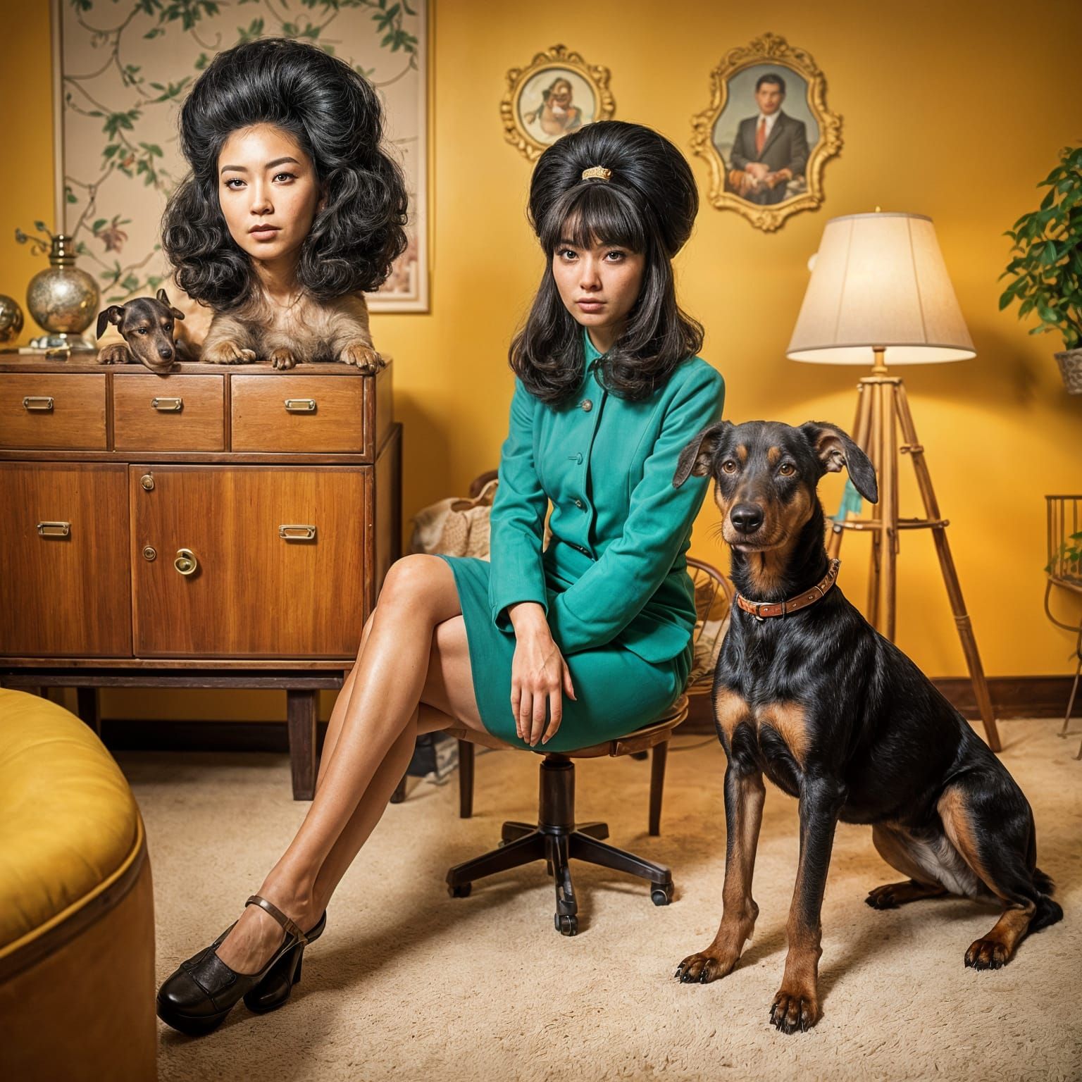 Asian Model with Beehive Hair in Wes Anderson Style