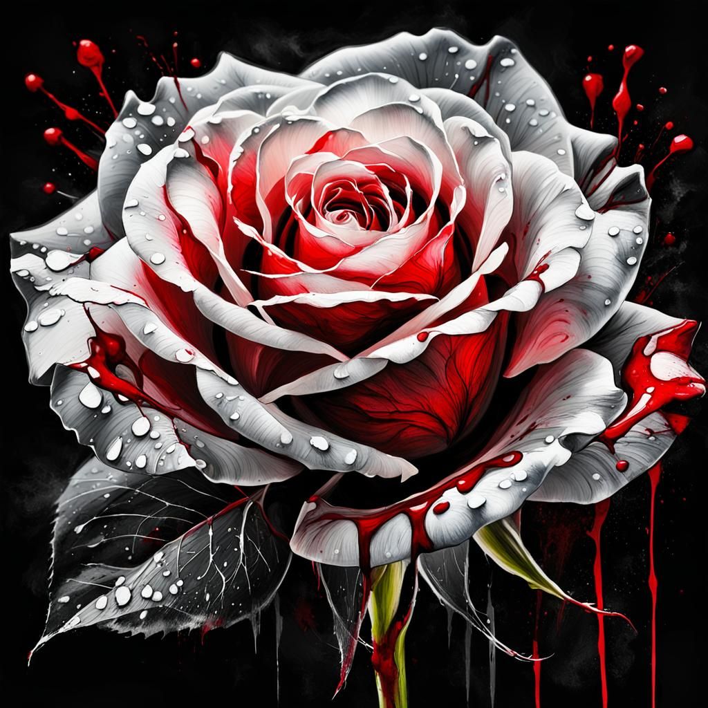 Surrealist White Rose with Red Paint Splatters