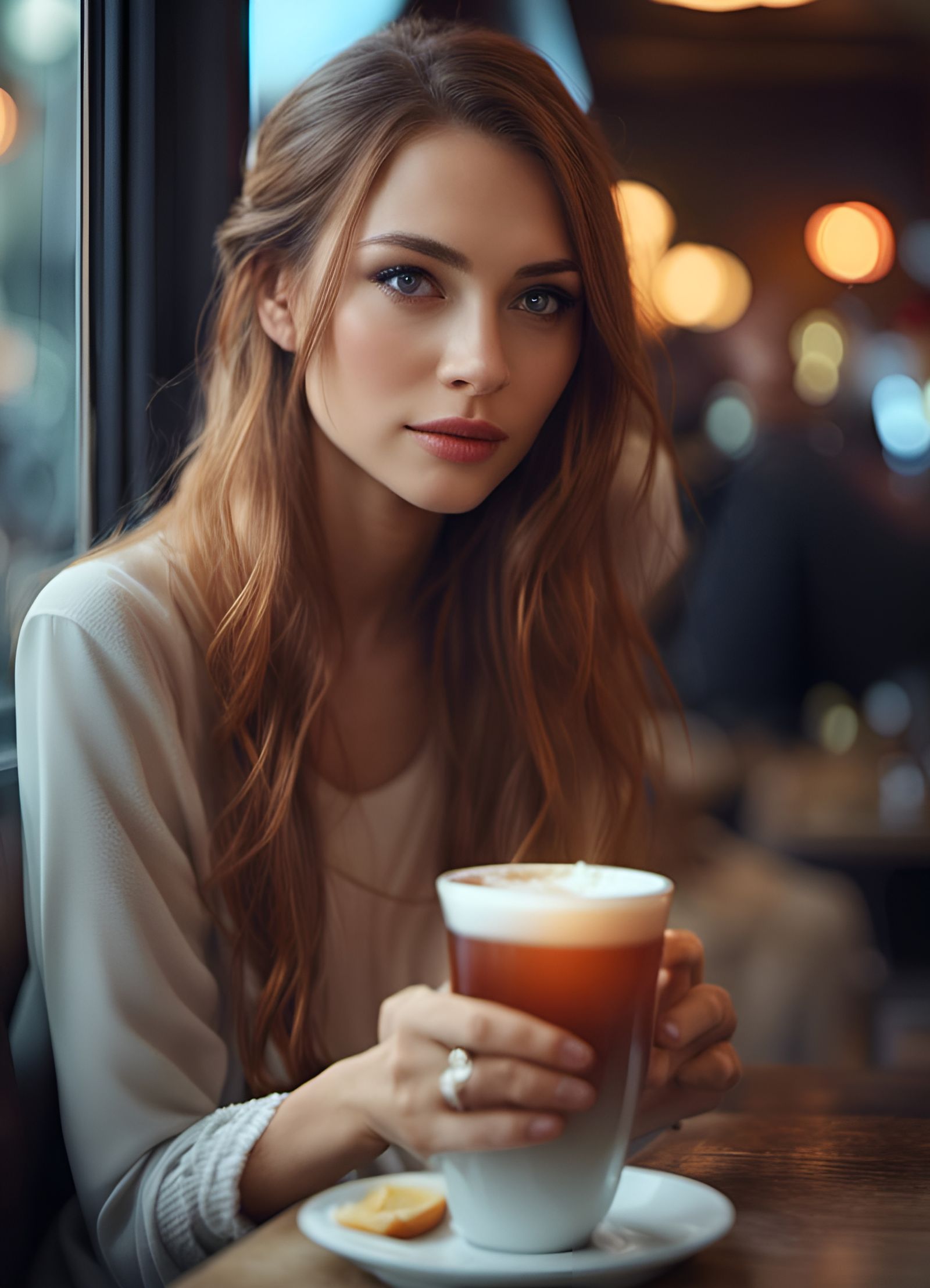 Beautiful Woman Enjoying Tea in Cafe: Photorealistic Portrai...
