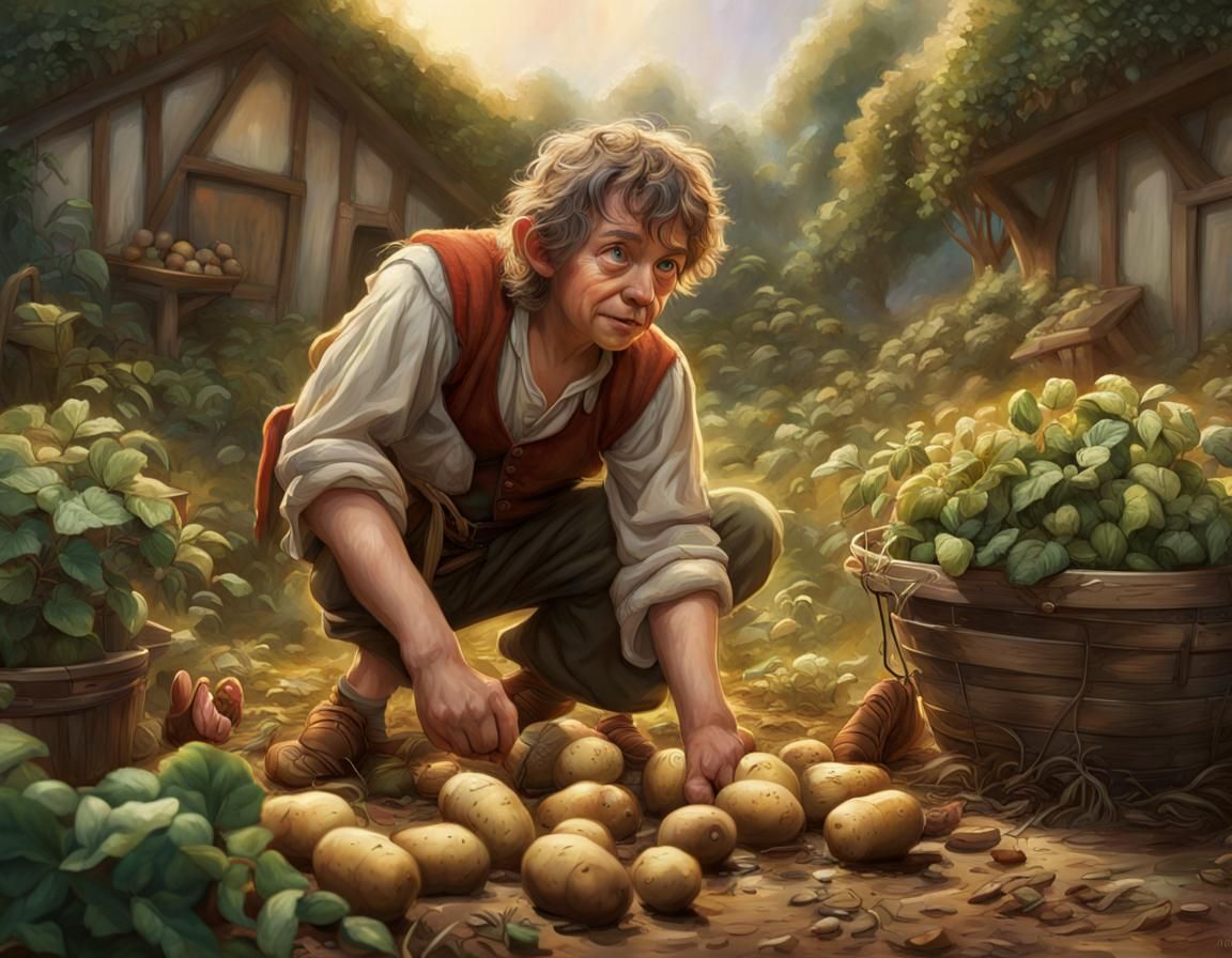 Hobbit Harvesting Potatoes in Detailed Garden Art