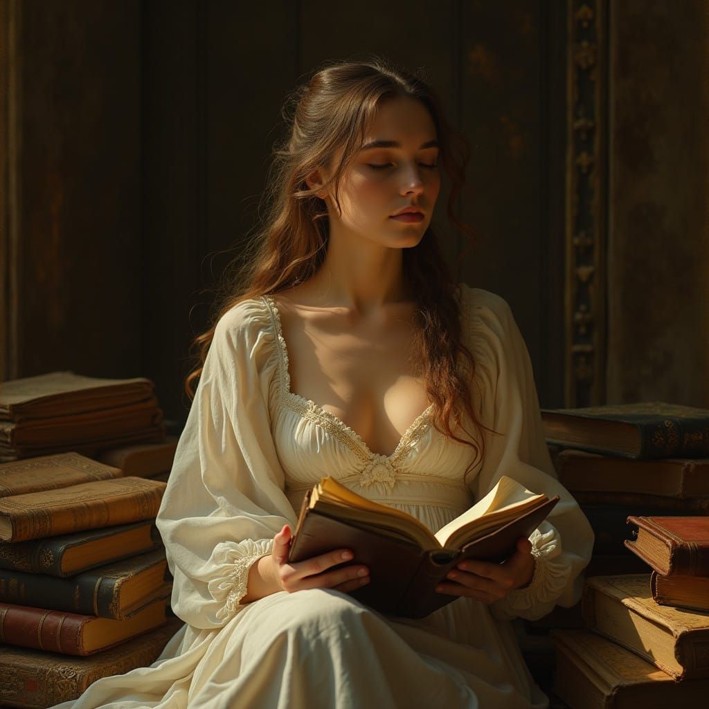 Contemplative Woman in Golden Light, Surrounded by Ancient T...