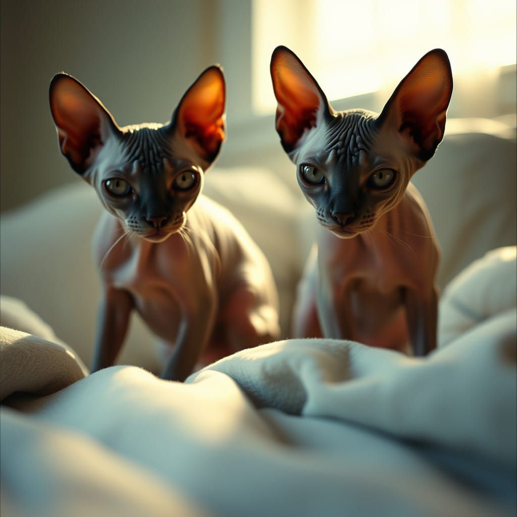 Sphynx Cats Peer Down from Above with Curious Intent