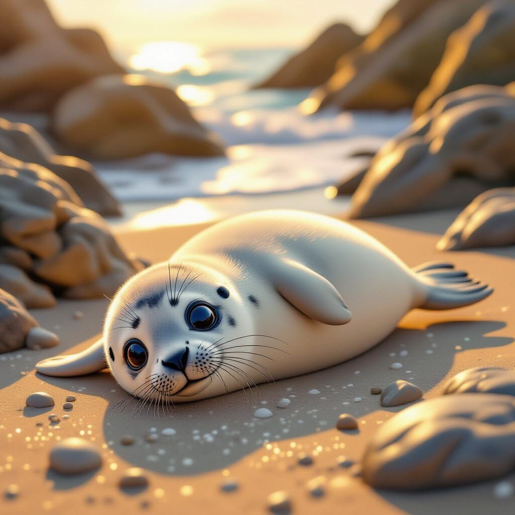 Cute Seal With Sparkly Eyes on Rocky Beach