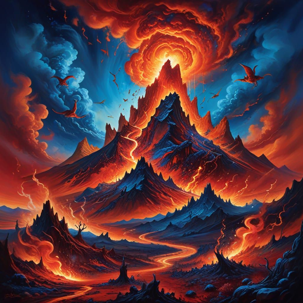Surreal Landscape with Fiery Mountains and Dreamlike Sky