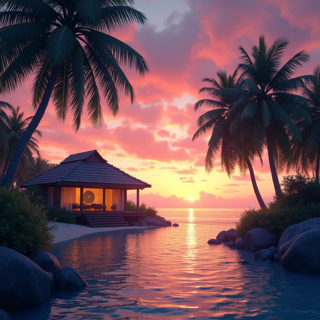 Idyllic Beach House at Sunset in Matte Painting Style