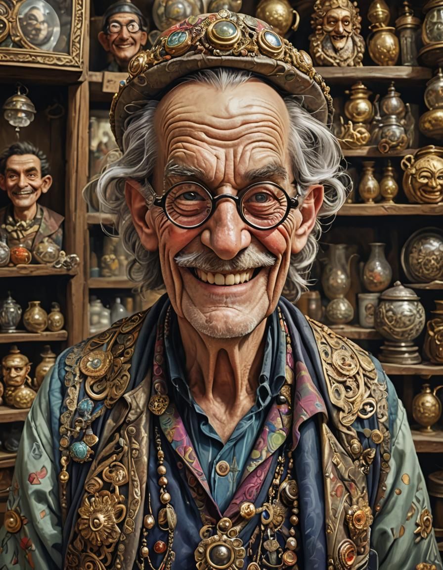 Friendly Eccentric Shopkeeper in High Fantasy Style