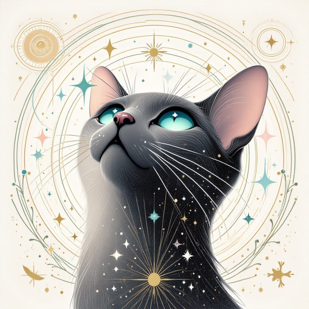 Black Cat Admiring Pastel Snowflake: Pencil Drawing