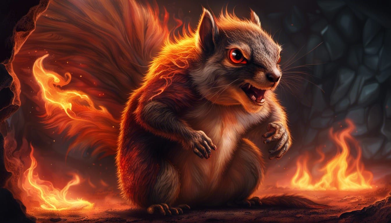 Fiery Demon Squirrel in a Dark Cave