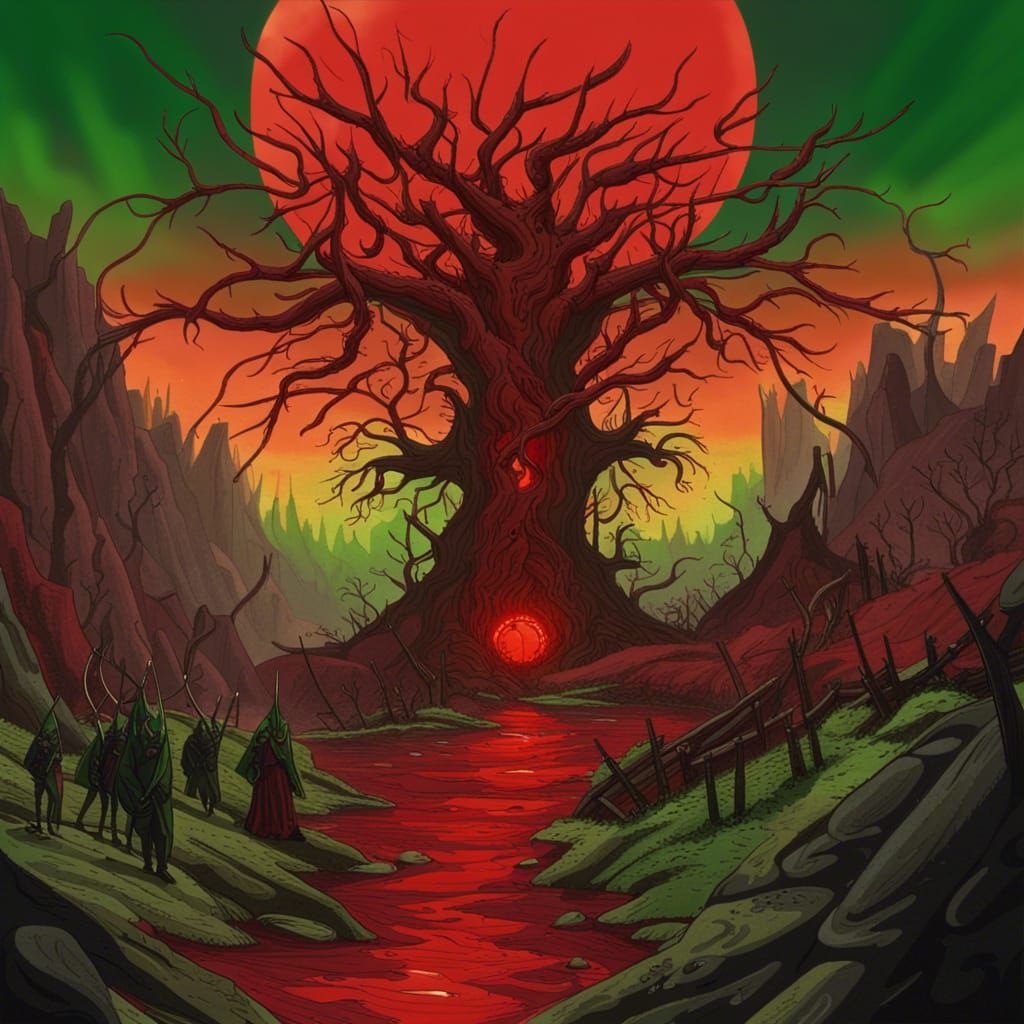 Barren Landscape with Red Sky and Metal Trees