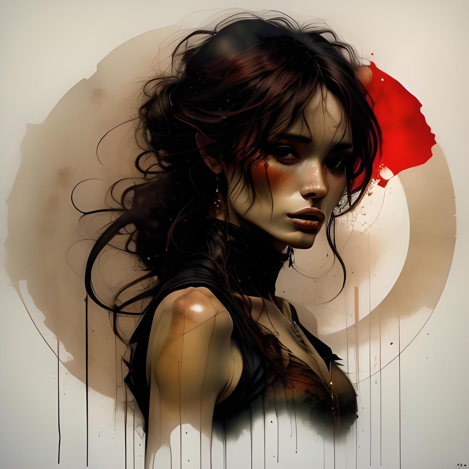 Brunette Girl Portrait in Inky Comic Style