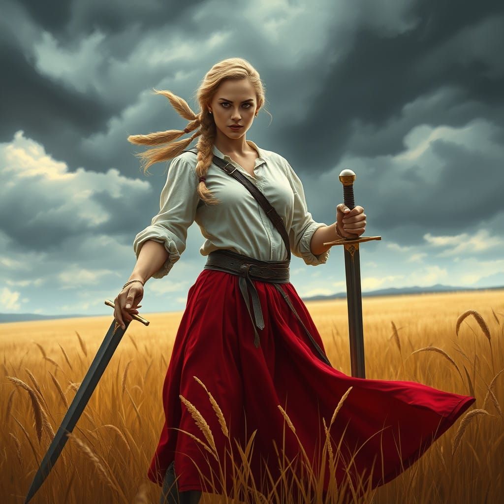 Fierce Warrior Woman in Golden Field Under Stormy Sky