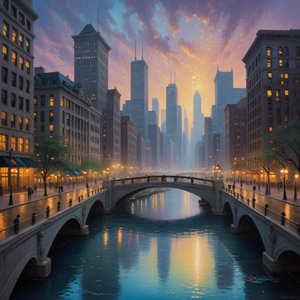 Twilight Bridge over Chicago River in Ethereal Fantasy Style