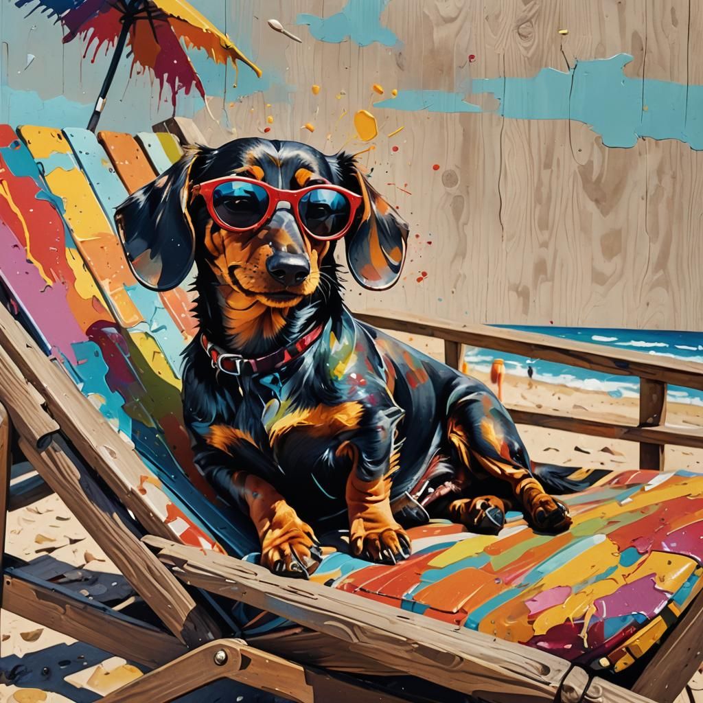 Dachshund on Beach in Surreal Graffiti Art