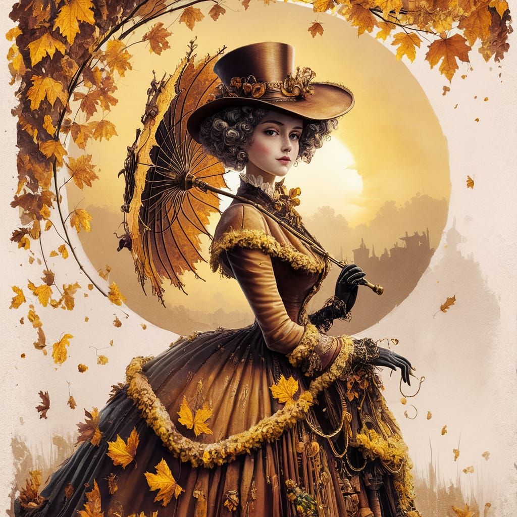 Steampunk Victorian Lady in Autumn Watercolor
