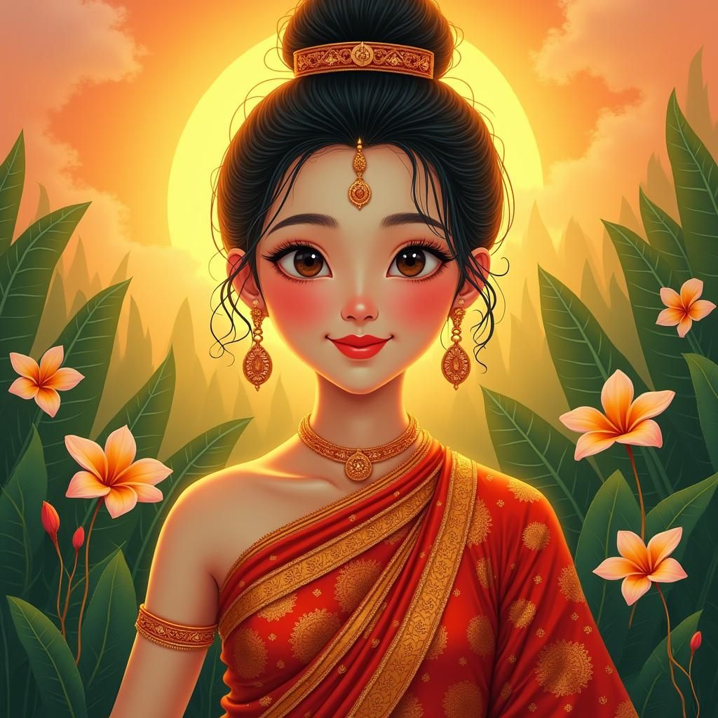 Thai Girl in Traditional Dress at Sunset