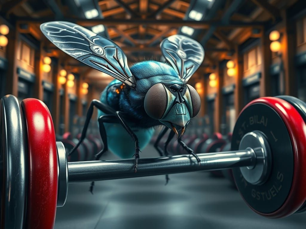 Iridescent Fly Grasping Barbell in Hyper-Realistic Gymnasium