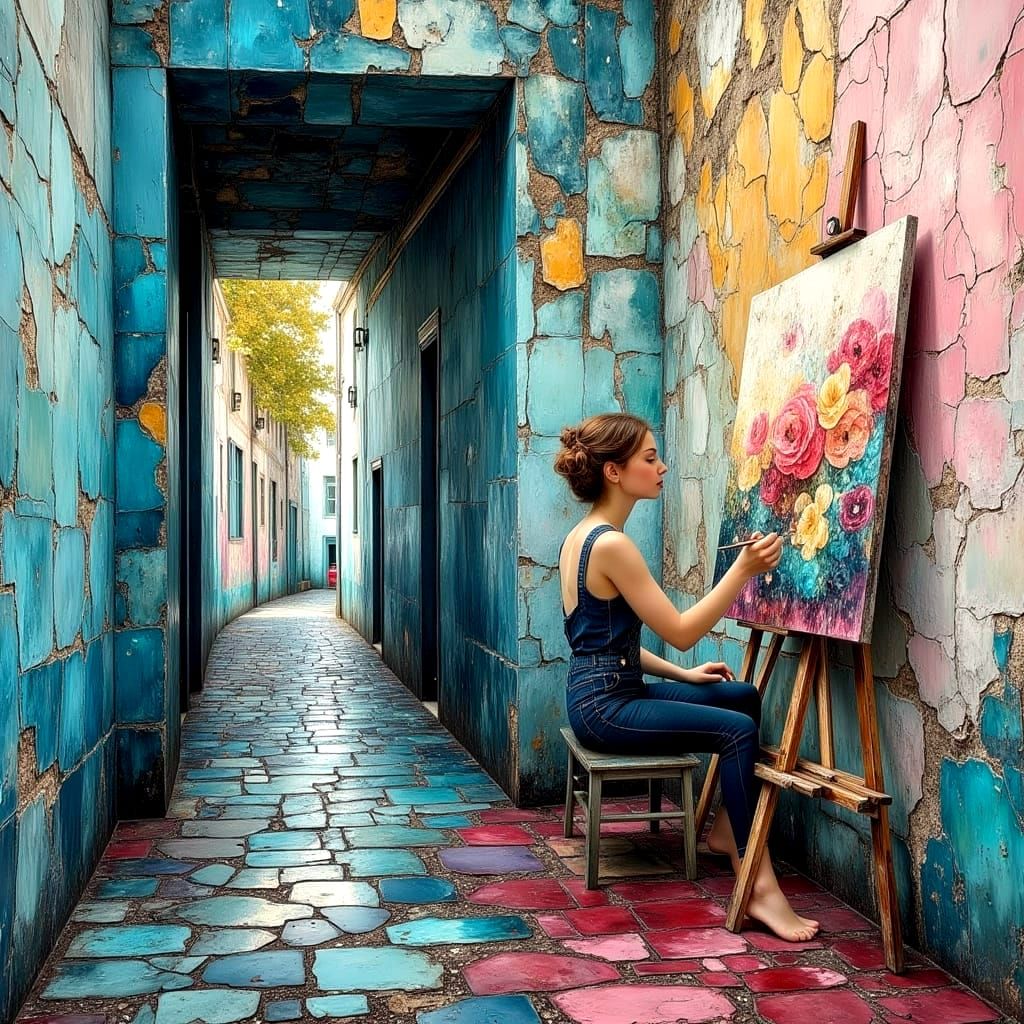 Colorful Art Studio with Woman Painting: Impasto Style