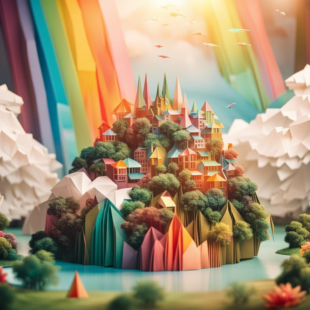 Origami Fantasy City on Floating Island
