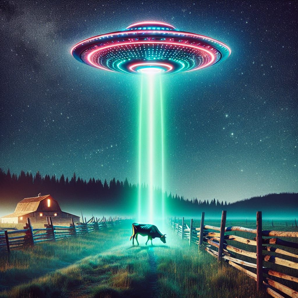 UFO Abduction: Neon Lights Over Prairie at Night