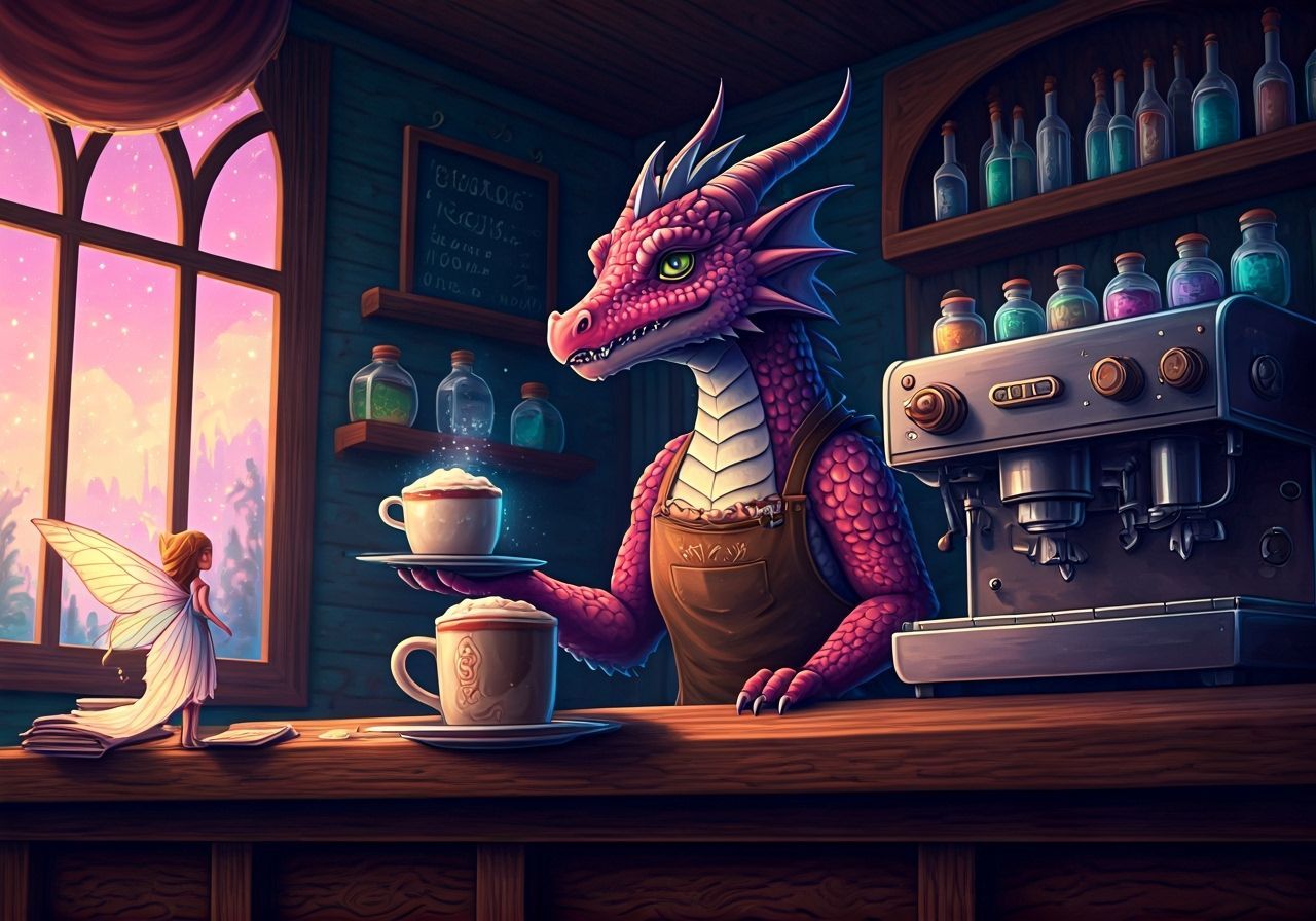 Enchanted Cafe With Dragon Barista and Fairy Patron