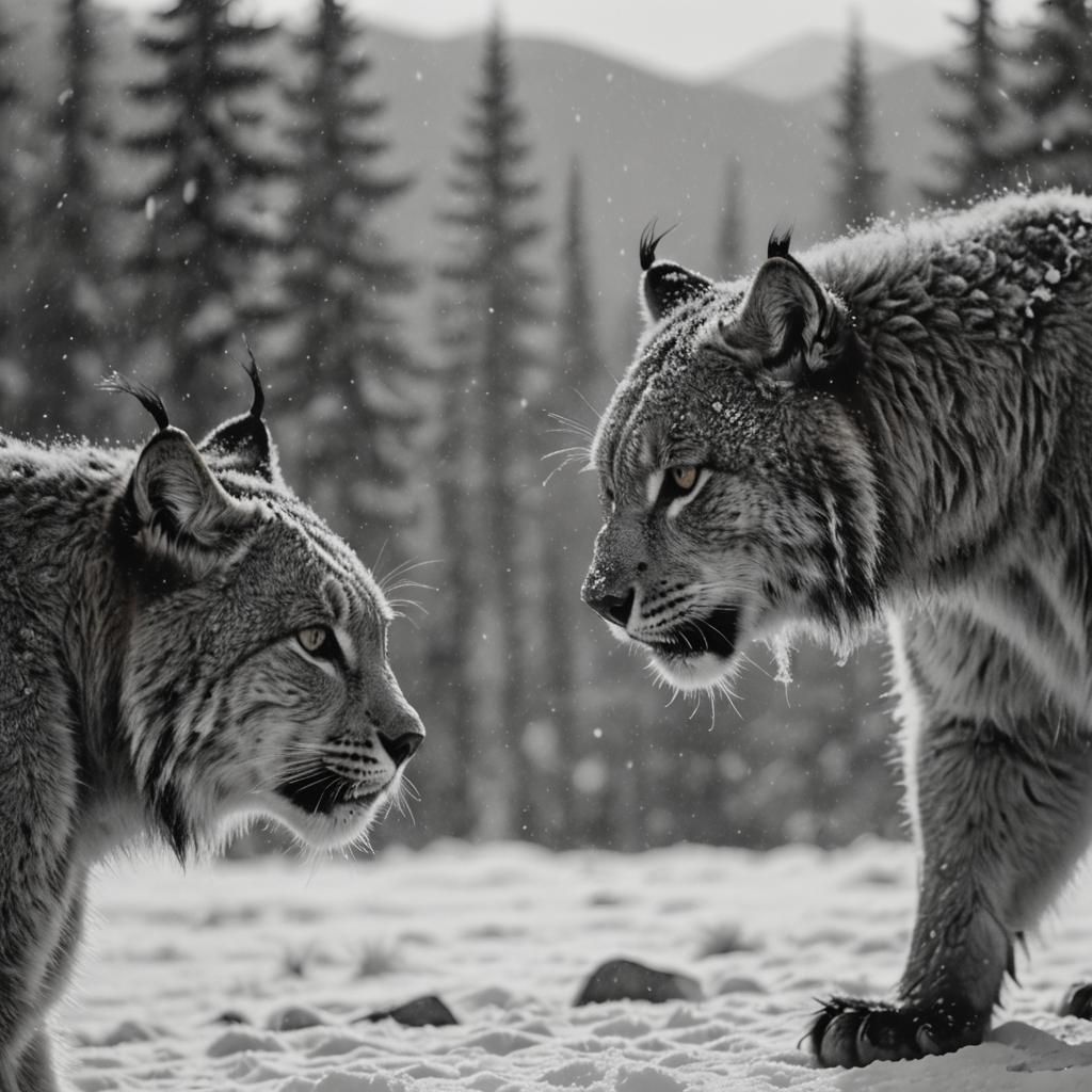 Lynx and Grizzly Bear Face-Off in Mountains