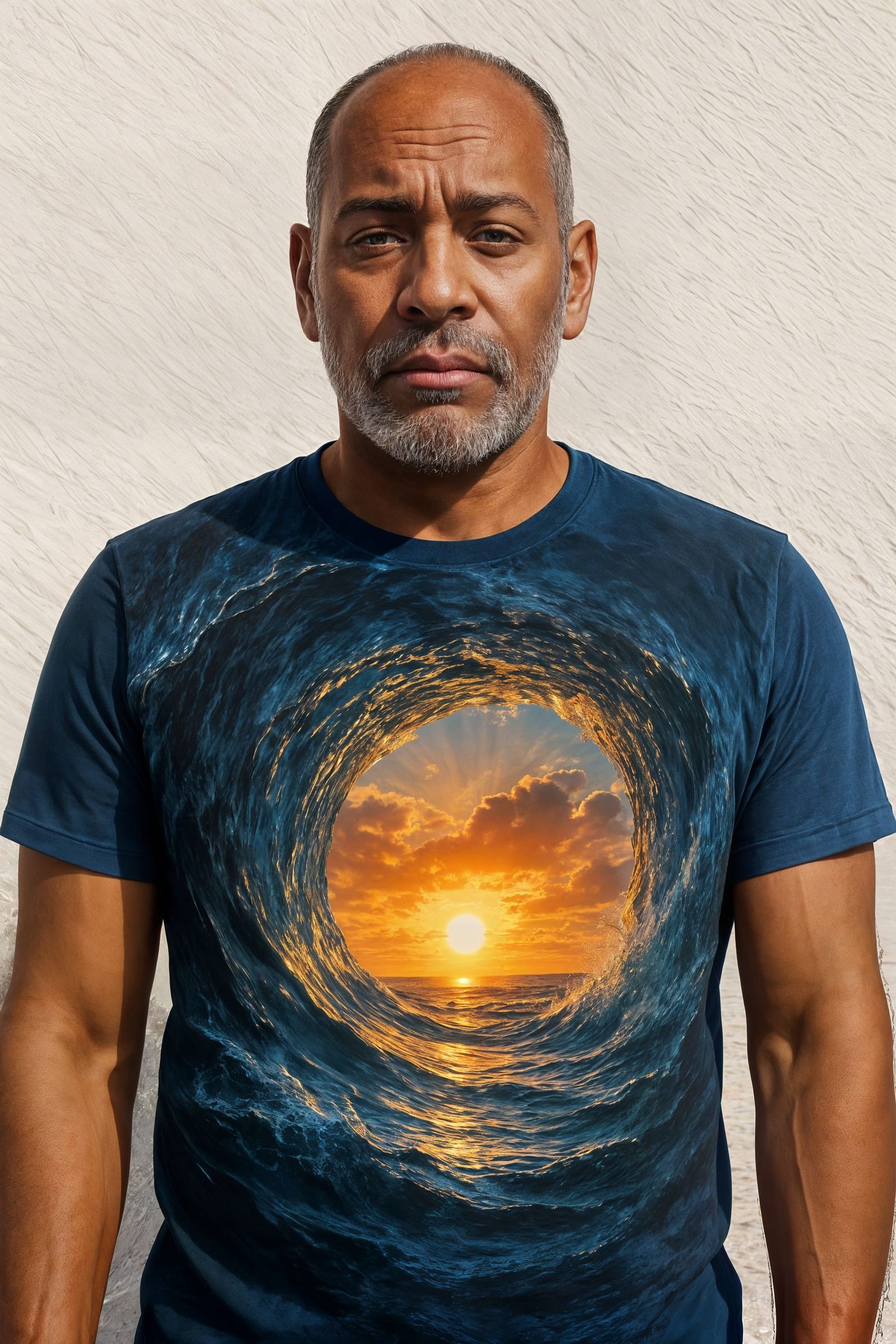 Man Wearing T-Shirt with Sunset Wave Print