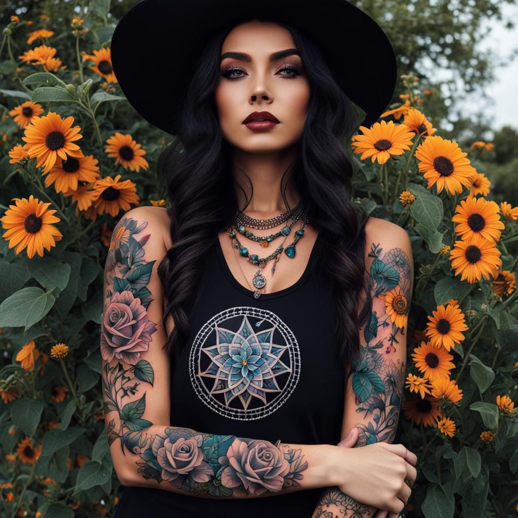 Beautiful Woman with Tattoo in Flower Field