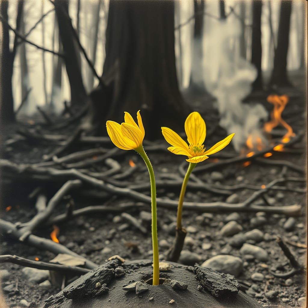 Flower Sprout in Burned Forest, Charcoal Drawing