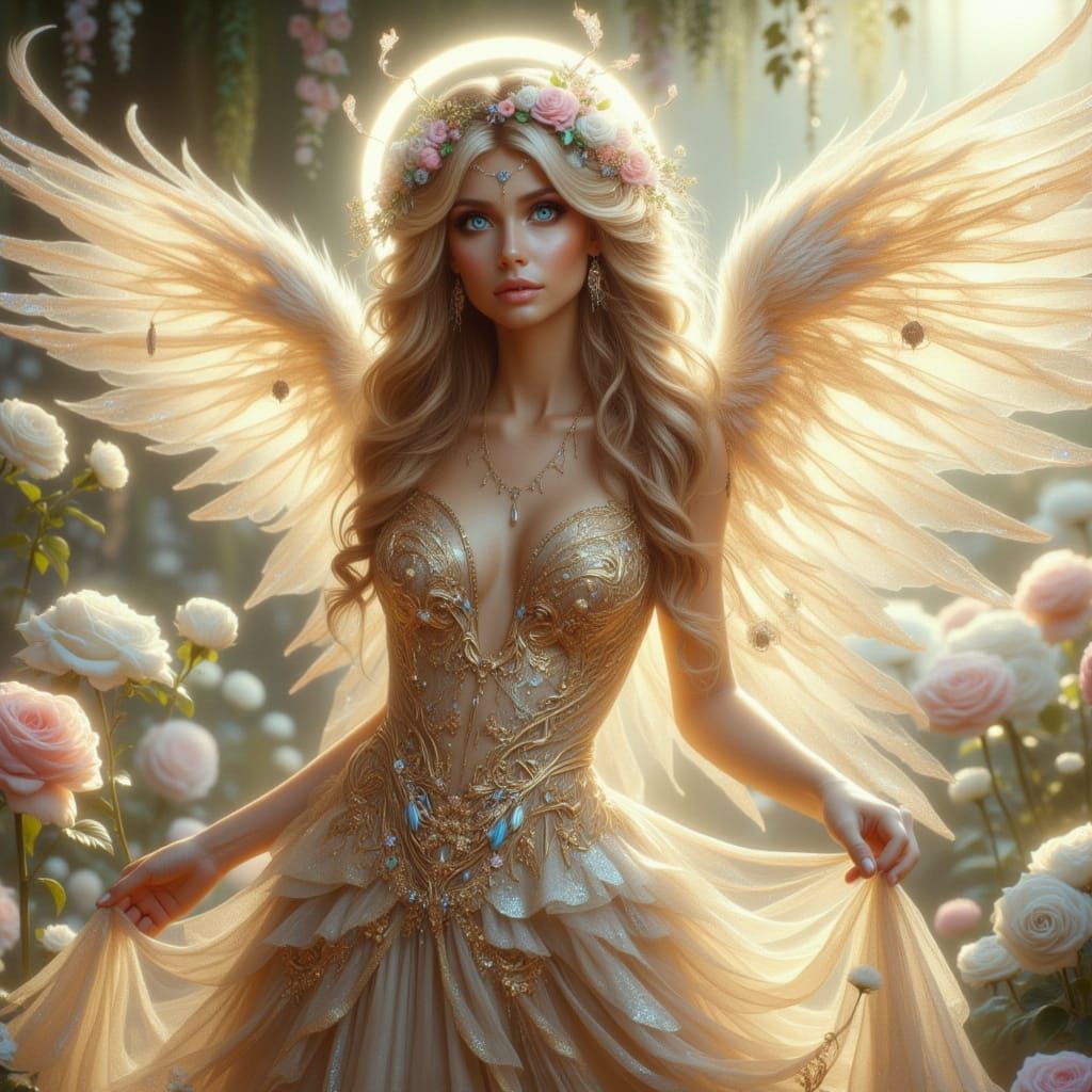 Ethereal Angel in Vibrant Arcadian Landscape