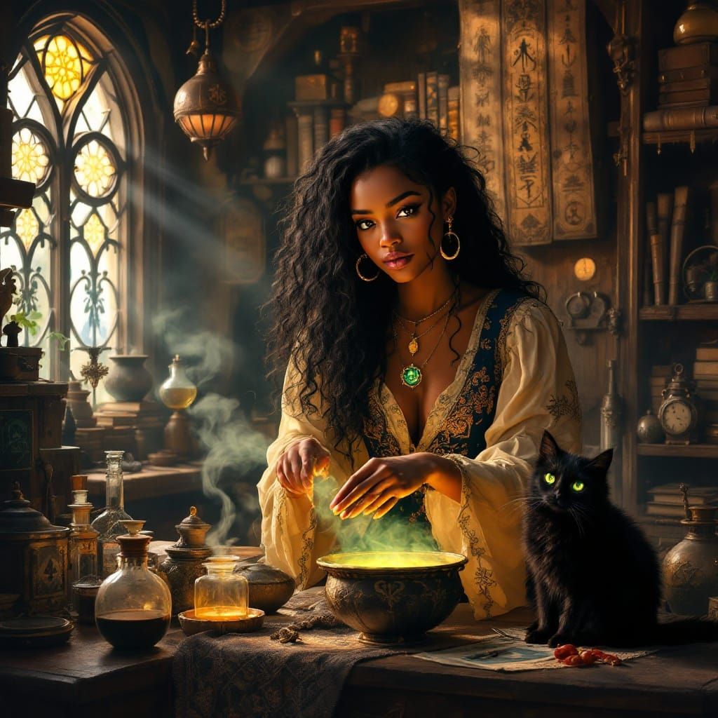 Mystical Alchemist in a Fantasy Workshop