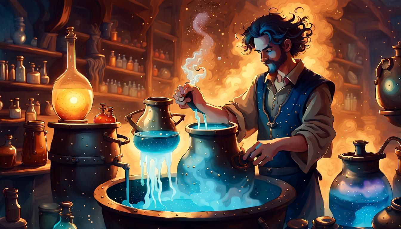 Glowing Elixir Brewer Fantasy Illustration