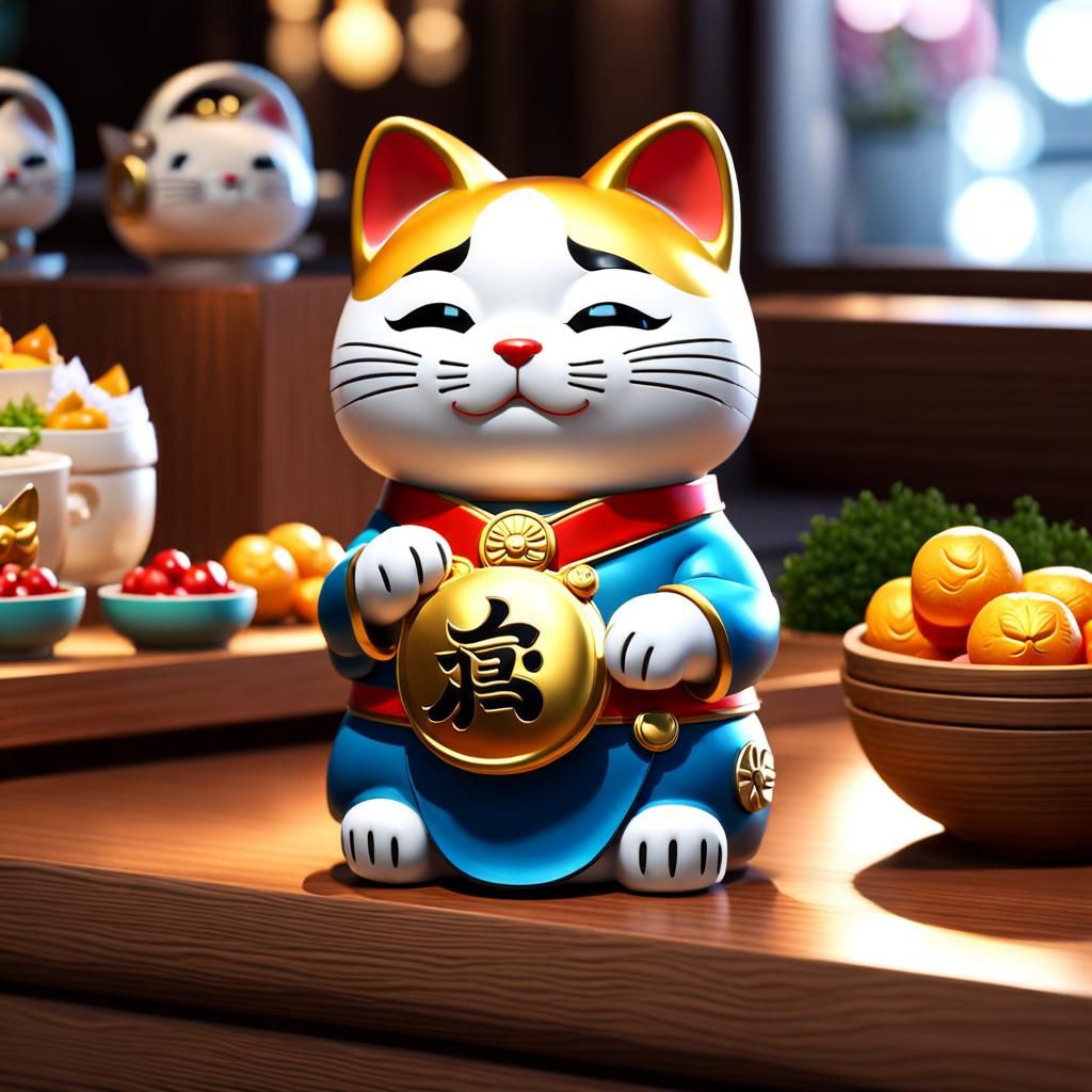 Adorable Maneki Neko Figurine in 3D CGI Style