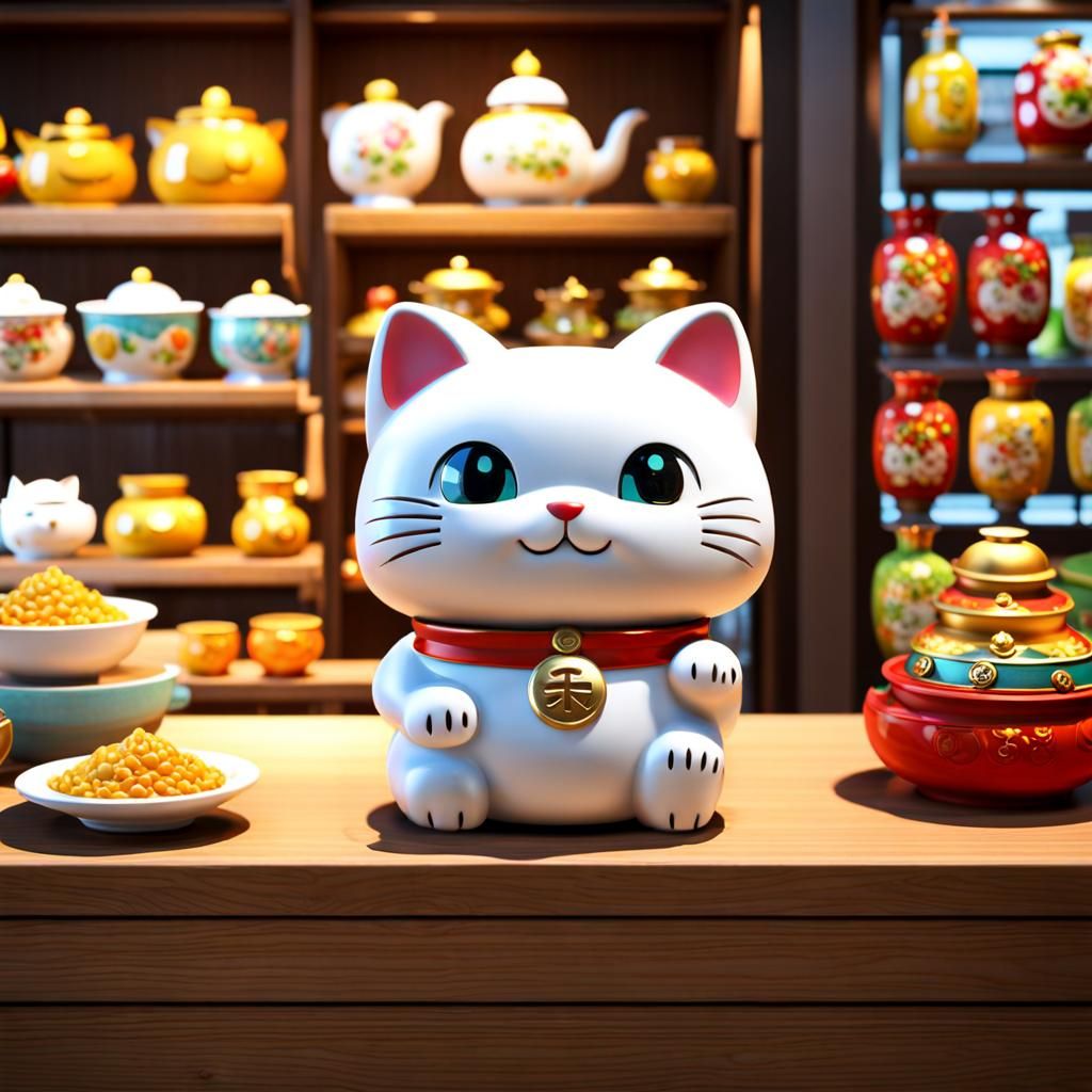 Adorable Maneki Neko Figurine in Charming Japanese Store
