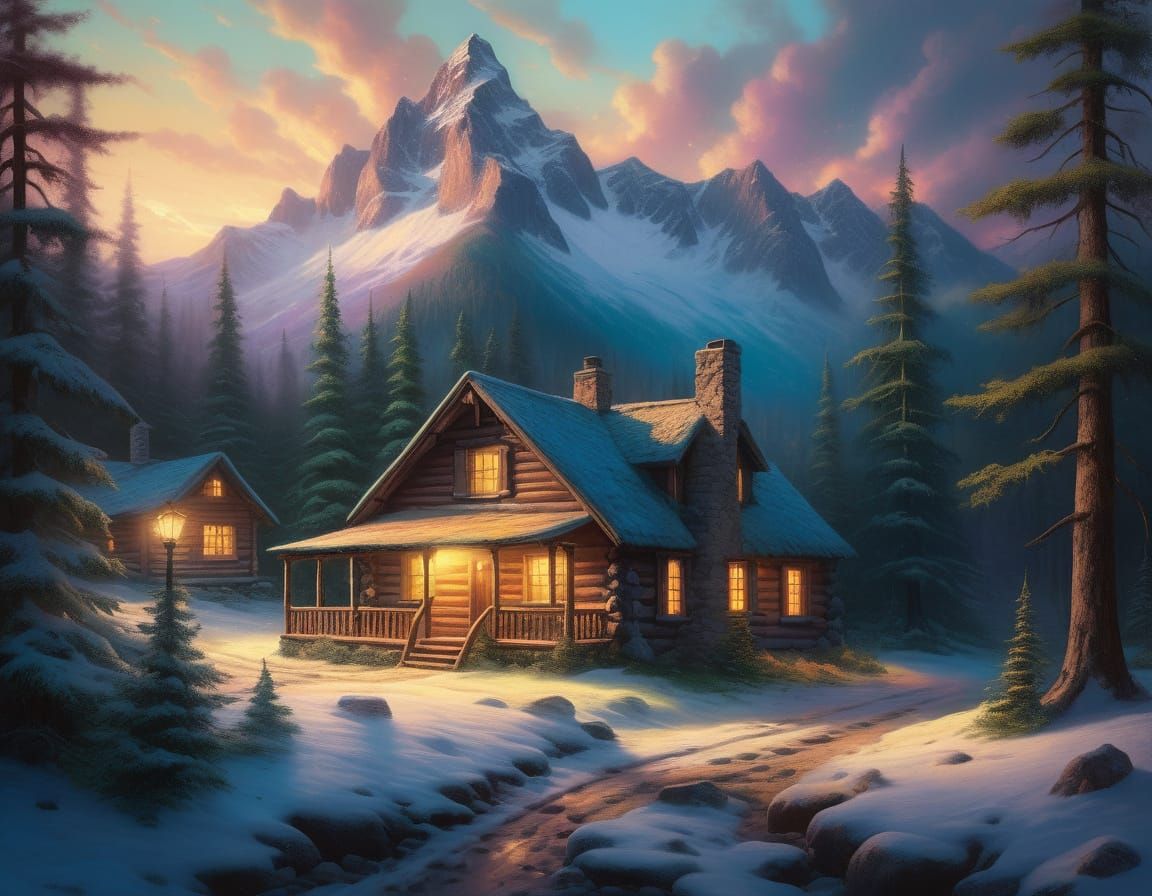 Snowy Mountain Cabin Under Aurora, Kinkade Style