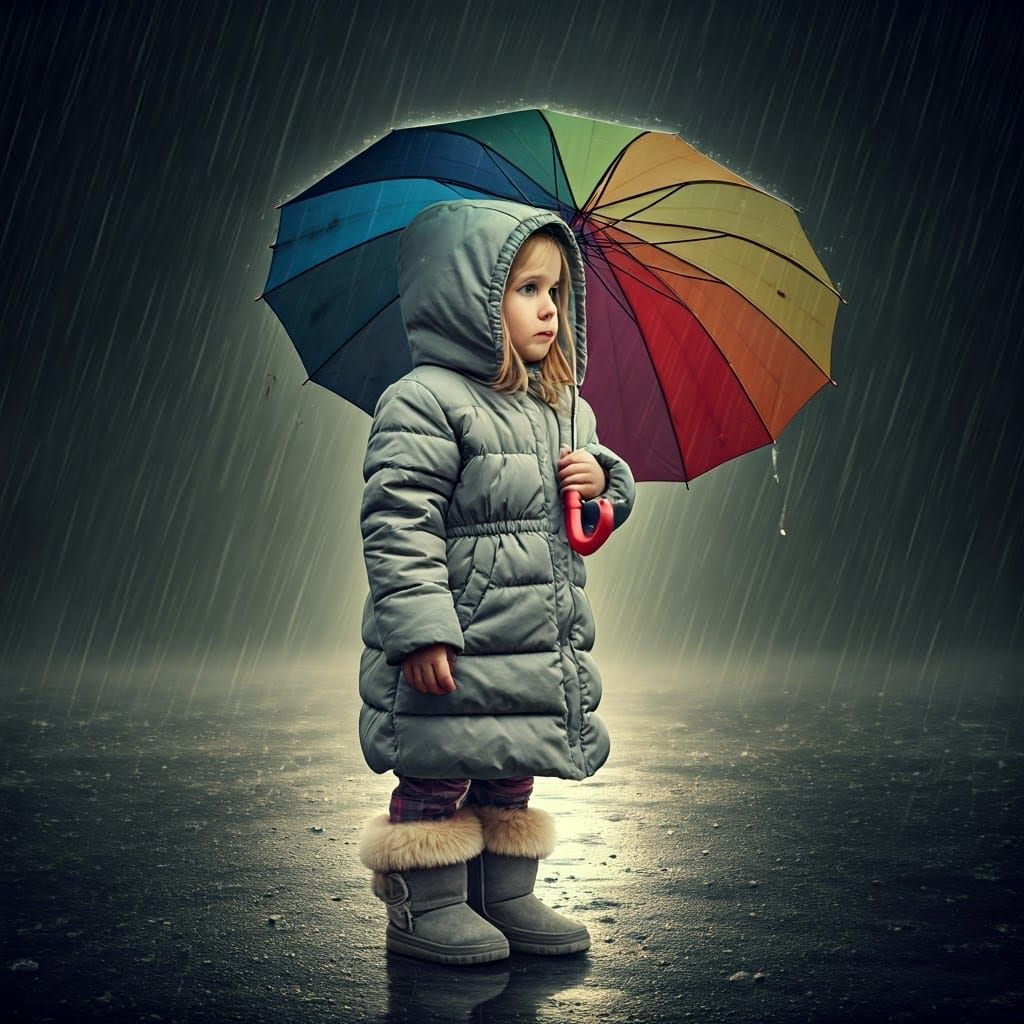 Serious Girl Holds Colorful Umbrella in the Rainy Night