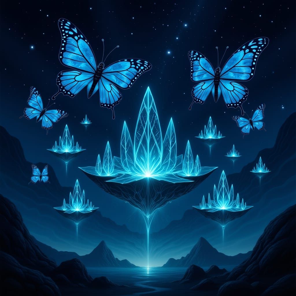 Bioluminescent Butterflies Fluttering Around Celestial Float...