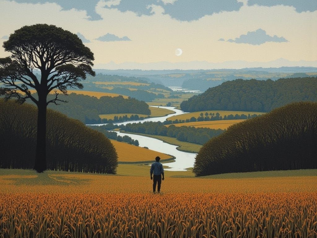 Lone Hiker Overlooking River Valley in Tonalist Style