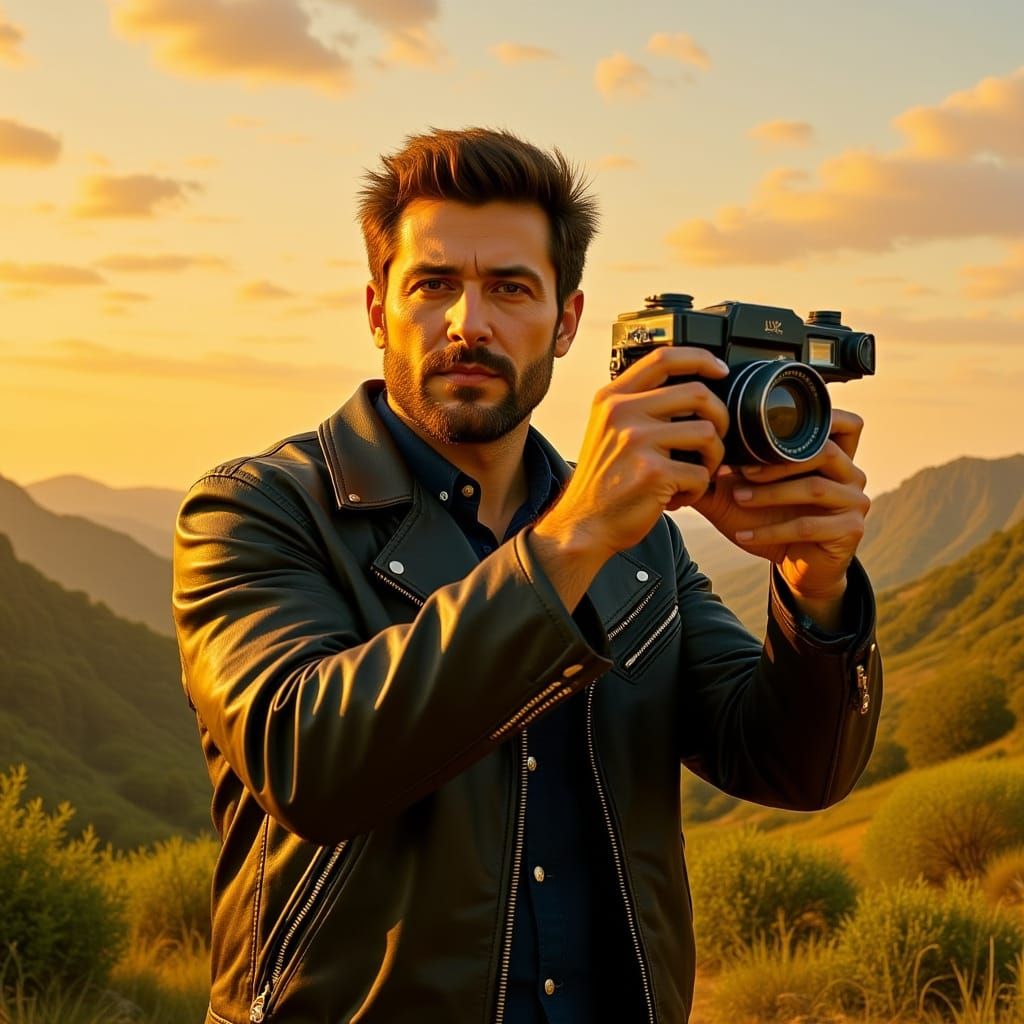 Man with Vintage Camera in Backlit Landscape Painting