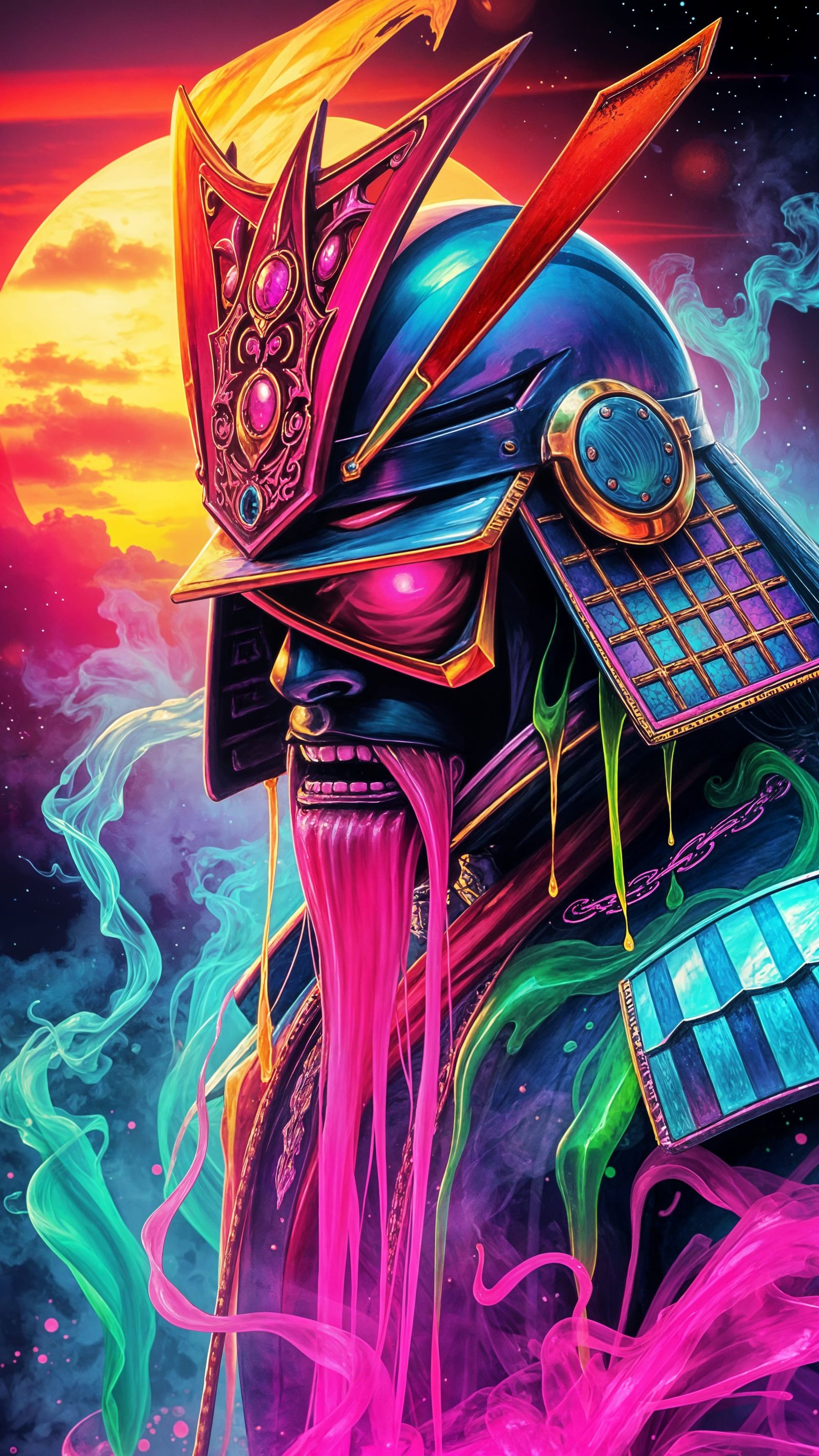 Iridescent Samurai in Galactic Sunset: Oil Slick Watercolor